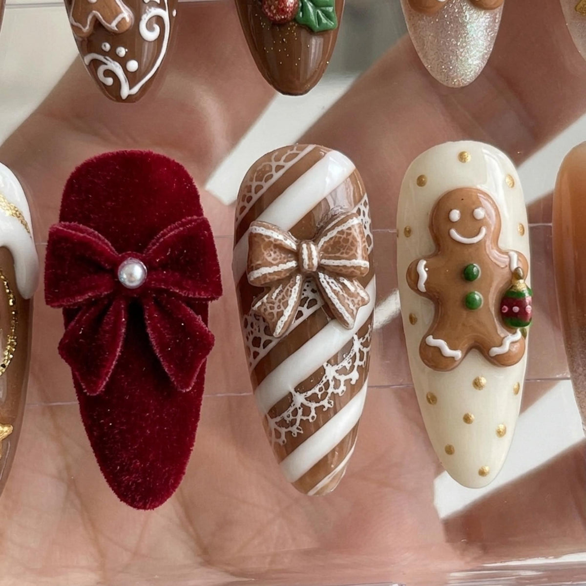 Gingerbread Christmas Nails With Icing, Holly and Plush Red Bow