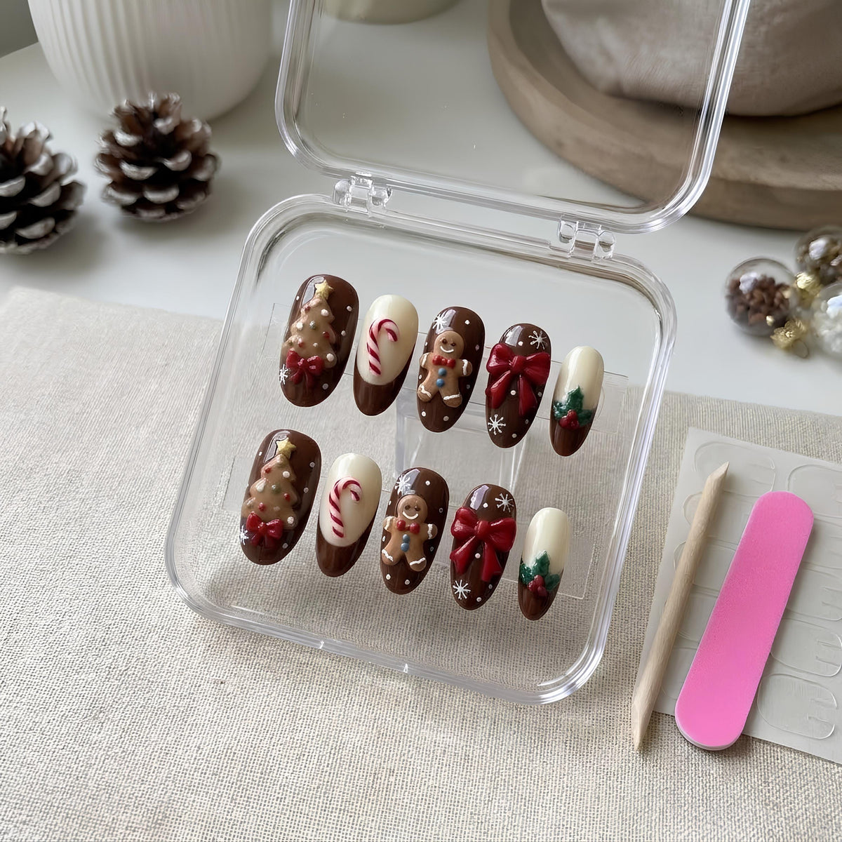 Gingerbread Christmas Press-On Nail Set With Candy Canes, Trees and Bows