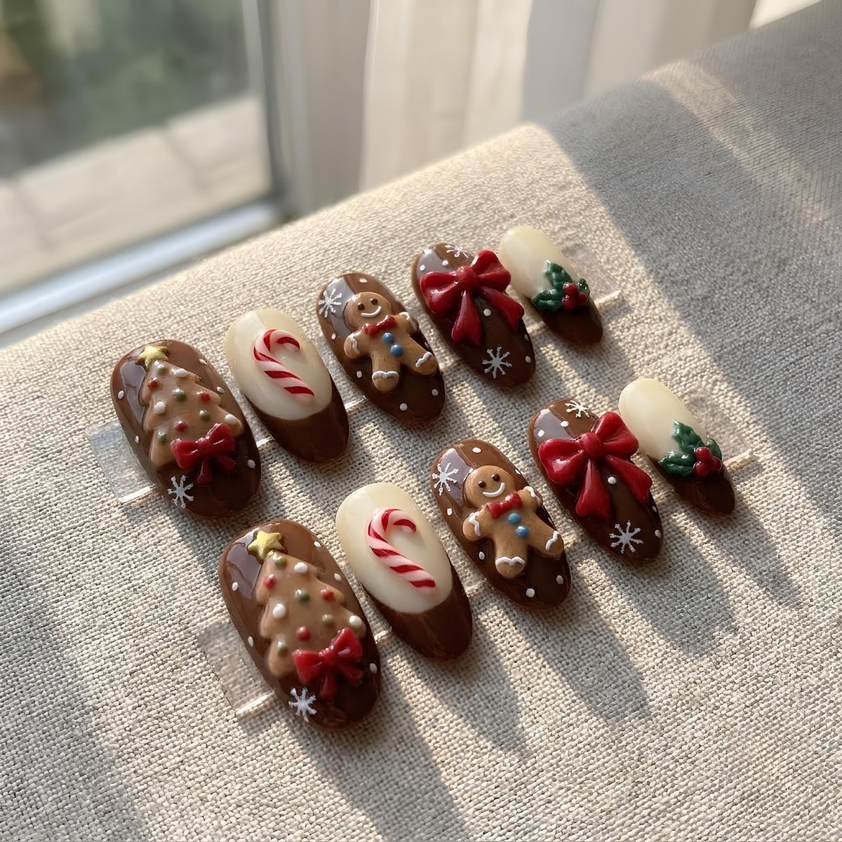 Gingerbread Christmas Press-On Nail Set With Candy Canes, Trees and Bows