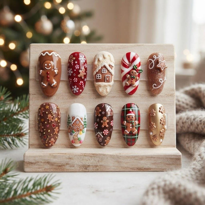 Gingerbread Christmas Press-On Nails With Candy Canes, Snowy Houses and Plaid