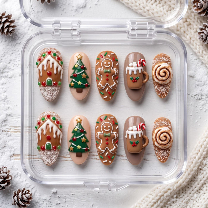 Gingerbread Christmas Press On Nails with Cocoa Mugs, Trees and Cinnamon Rolls
