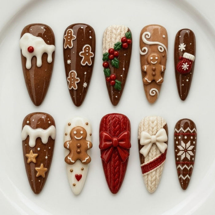 Gingerbread Christmas Press-On Nails With Icing, Sweater Knits, and Bows
