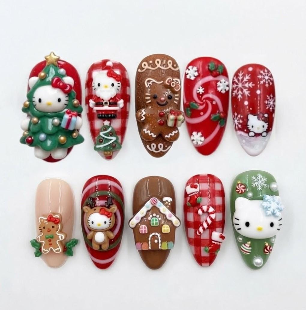 Gingerbread Christmas Press On Nails with Plaid, Snowflakes and 3D Holiday Details