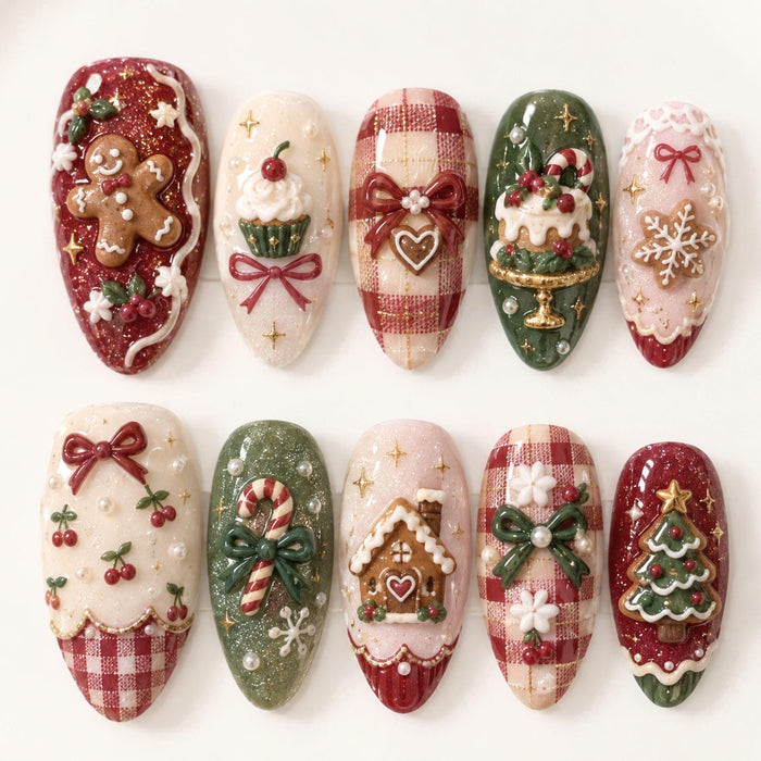 Gingerbread Christmas Press On Nails With Red Plaid, Candy Canes, and Icing Details