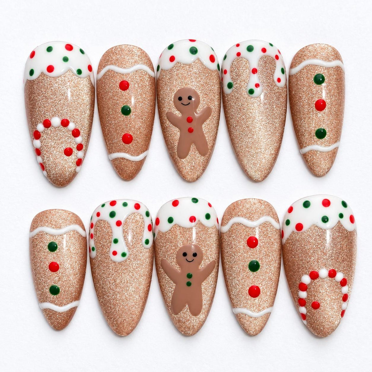 Gingerbread Christmas Press-On Nails With Rose-Gold Glitter and Icing Details