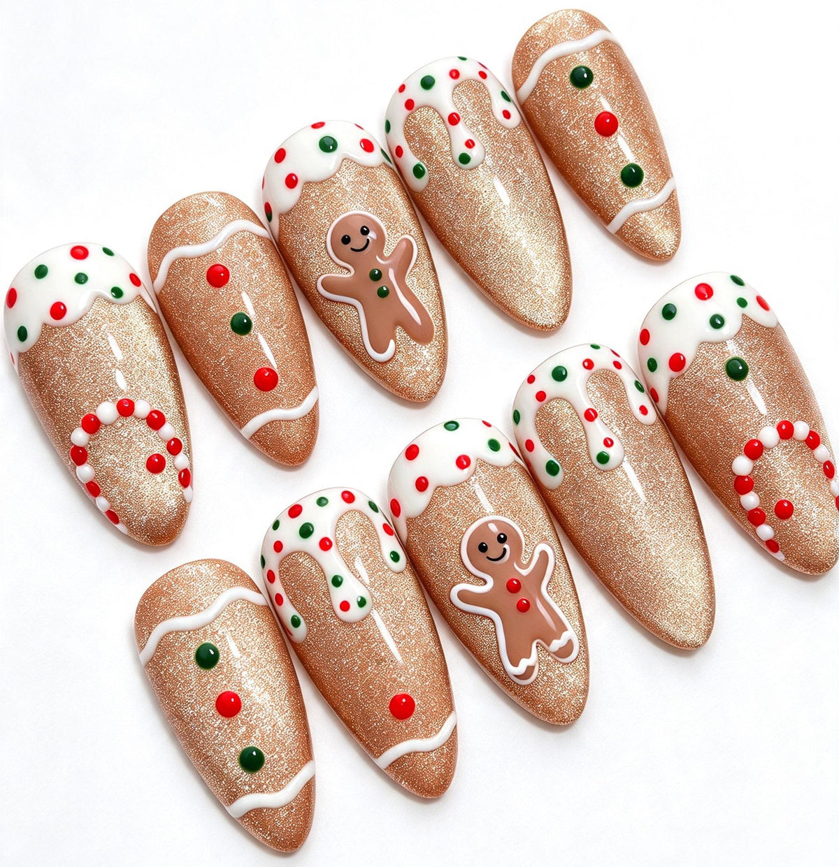 Gingerbread Christmas Press-On Nails With Rose-Gold Glitter and Icing Details