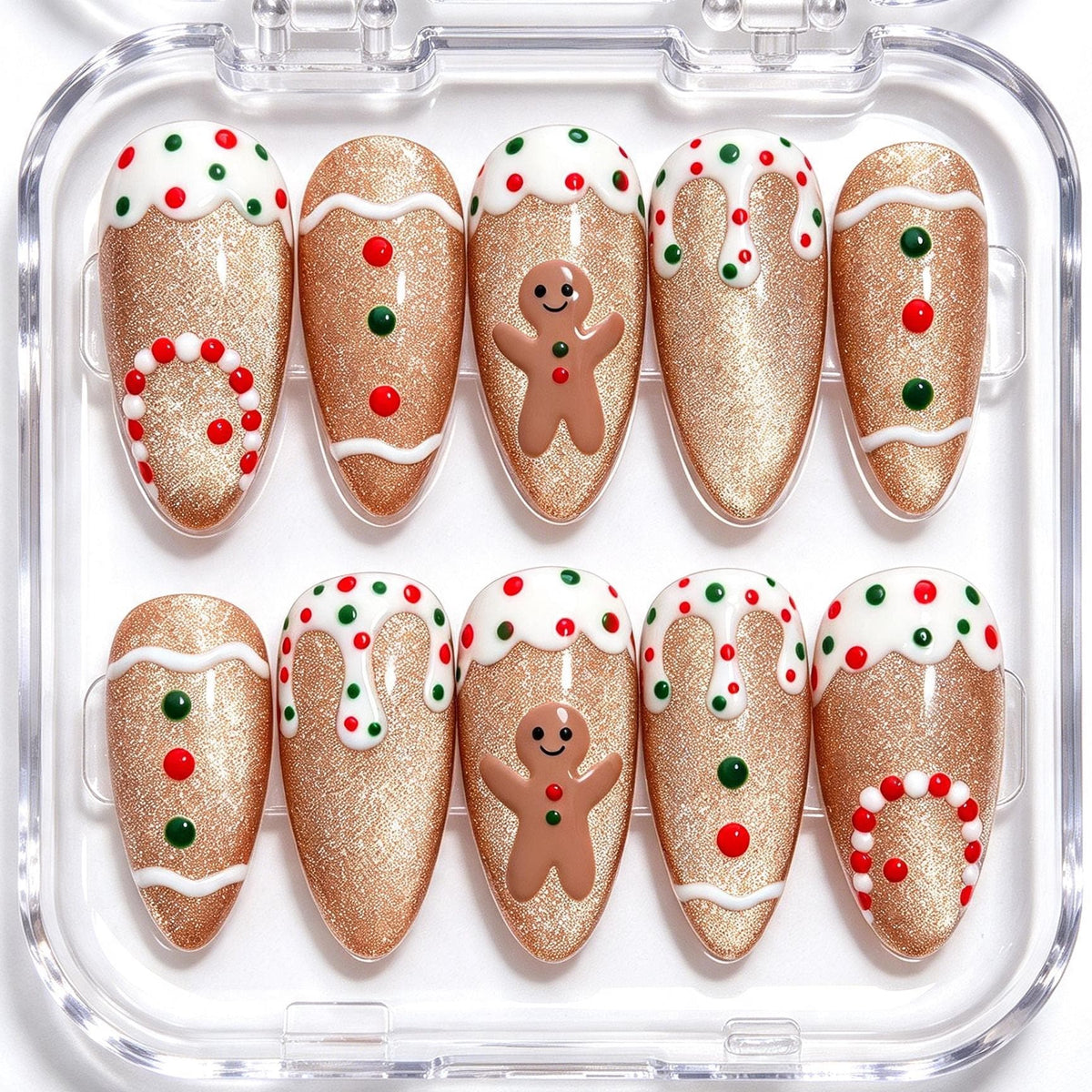 Gingerbread Christmas Press-On Nails With Rose-Gold Glitter and Icing Details