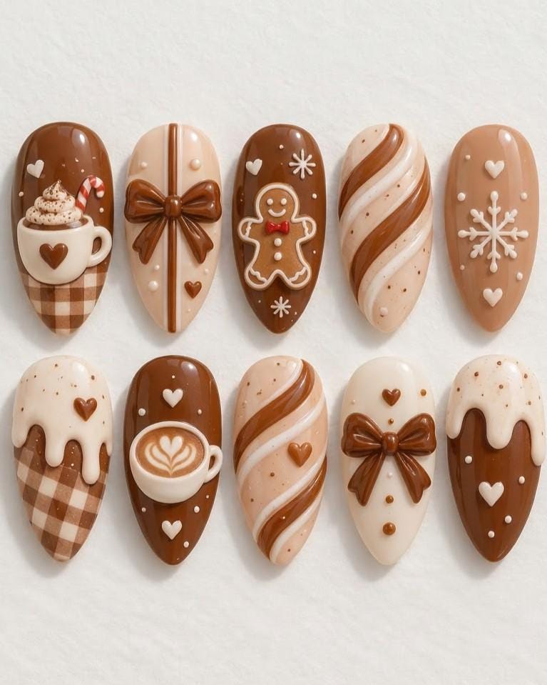 Gingerbread Coffee and Candy Cane Christmas Press-On Nails