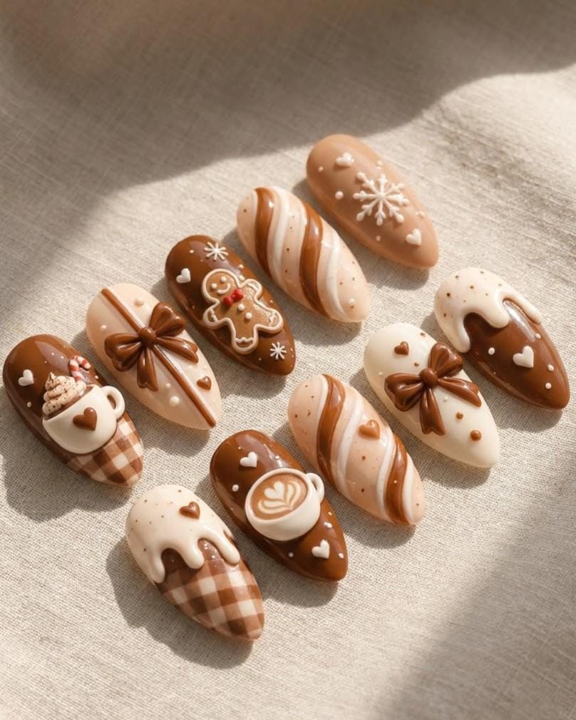 Gingerbread Coffee and Candy Cane Christmas Press-On Nails