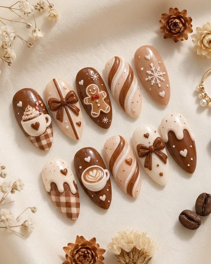 Gingerbread Coffee and Candy Cane Christmas Press-On Nails