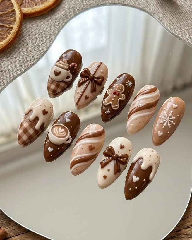 Gingerbread Coffee and Candy Cane Christmas Press-On Nails