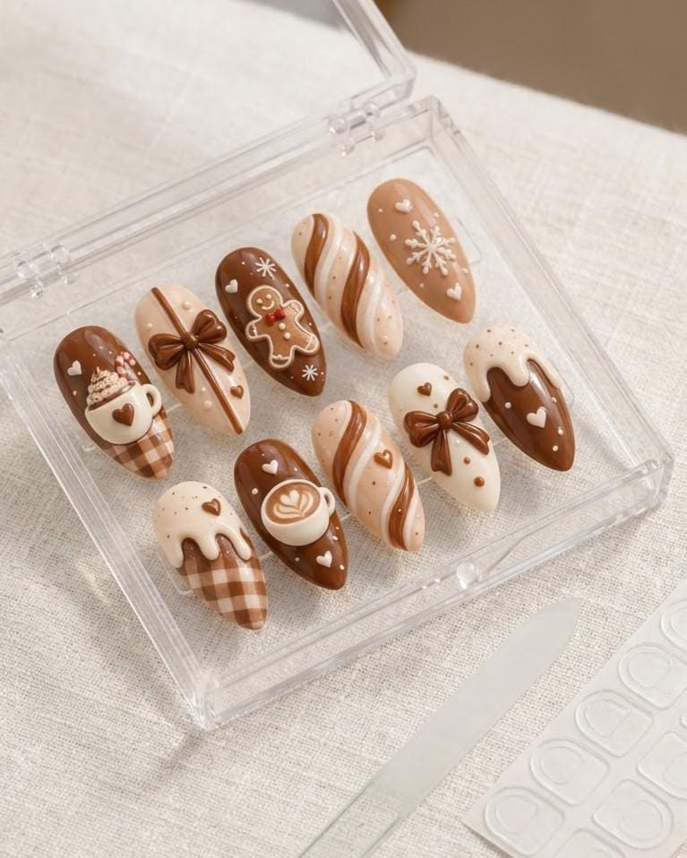 Gingerbread Coffee and Candy Cane Christmas Press-On Nails