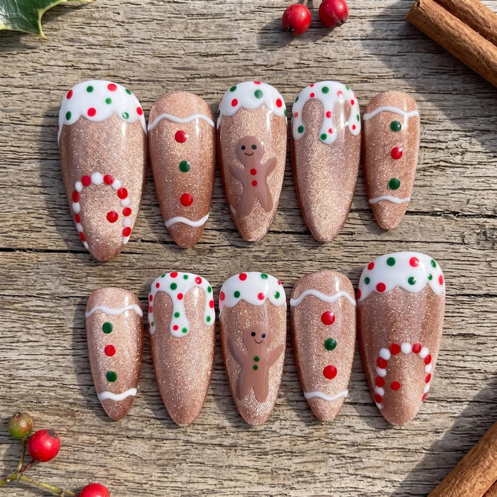 Gingerbread Cookie Christmas Press On Nails With Icing, Candy Details, and Glitter