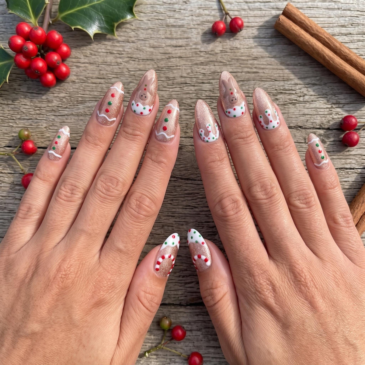 Gingerbread Cookie Christmas Nails With Icing, Candy Details, and Glitter