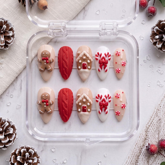 Gingerbread House, Candy Cane & Red Knit Christmas Press On Nail Set