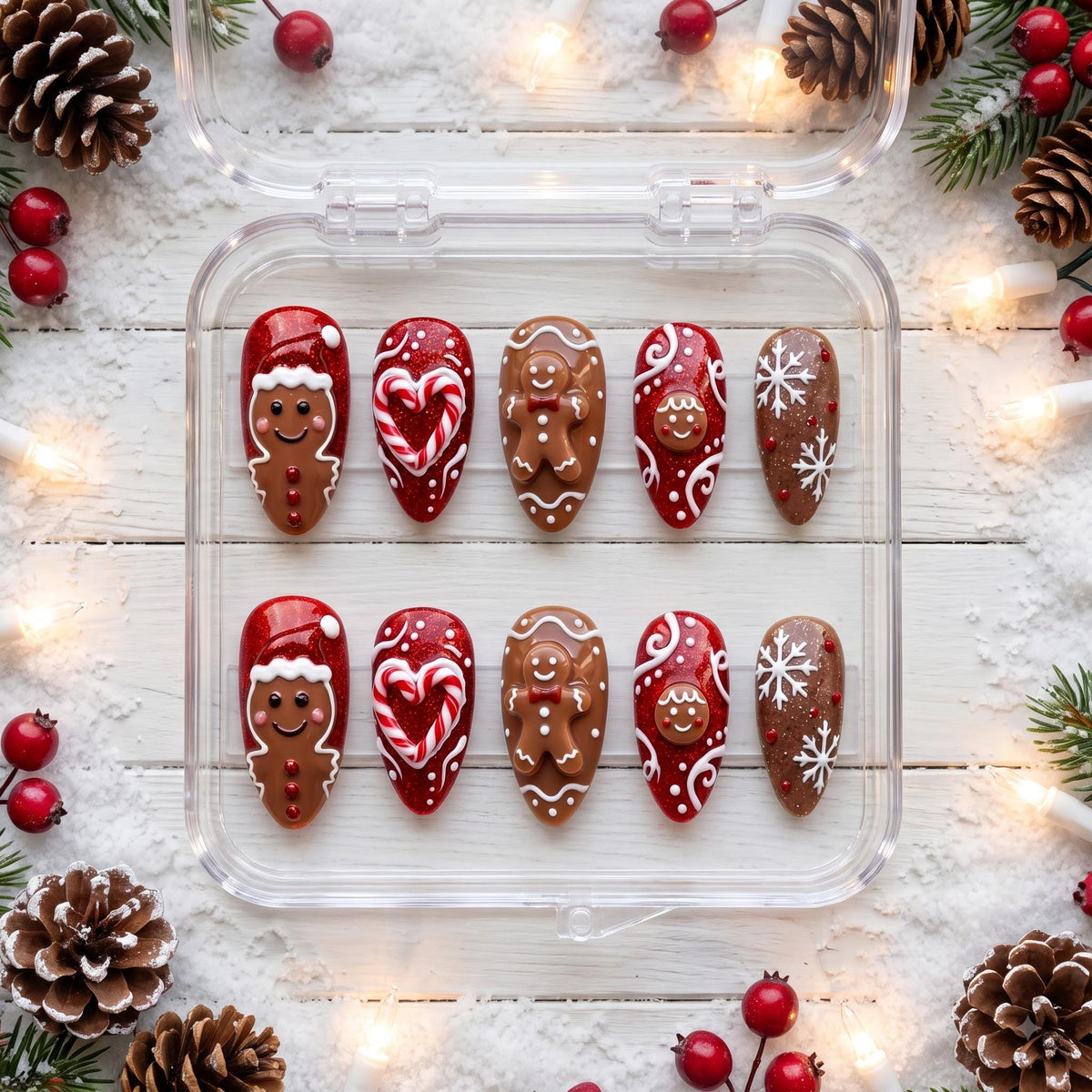 Gingerbread People and Candy Cane Heart Christmas Nail Set