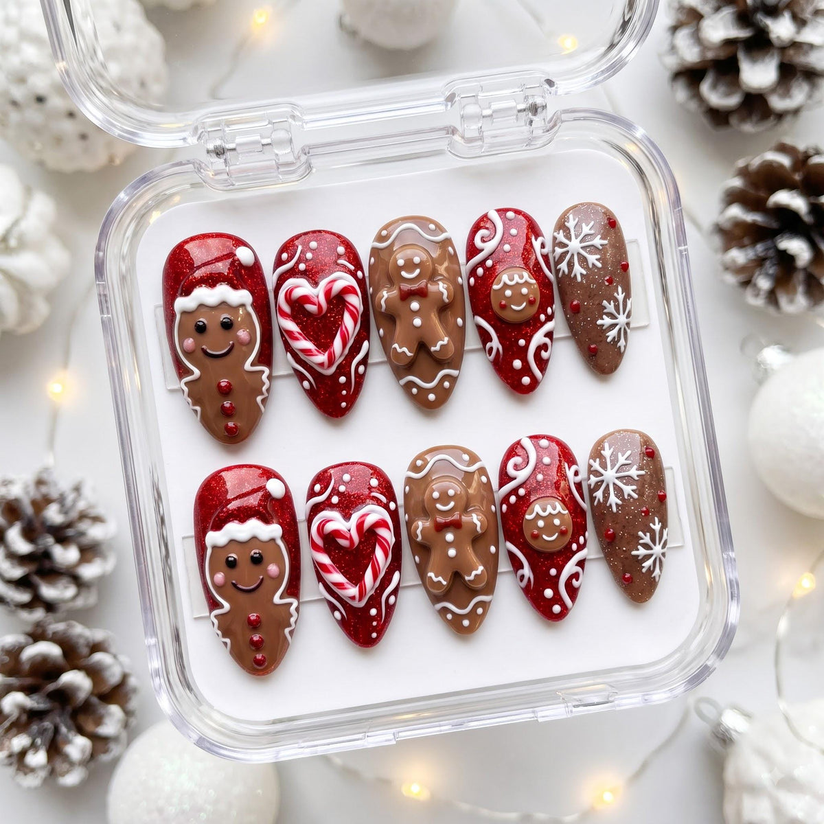 Gingerbread People and Candy Cane Heart Christmas Nail Set