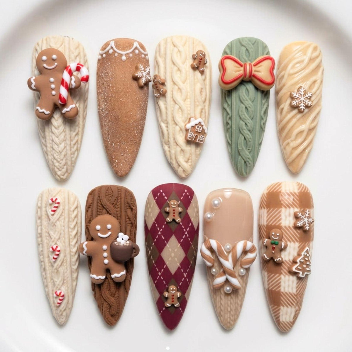 Gingerbread Sweater Knit Christmas Nail Set With Plaid, Bows and Snowflakes