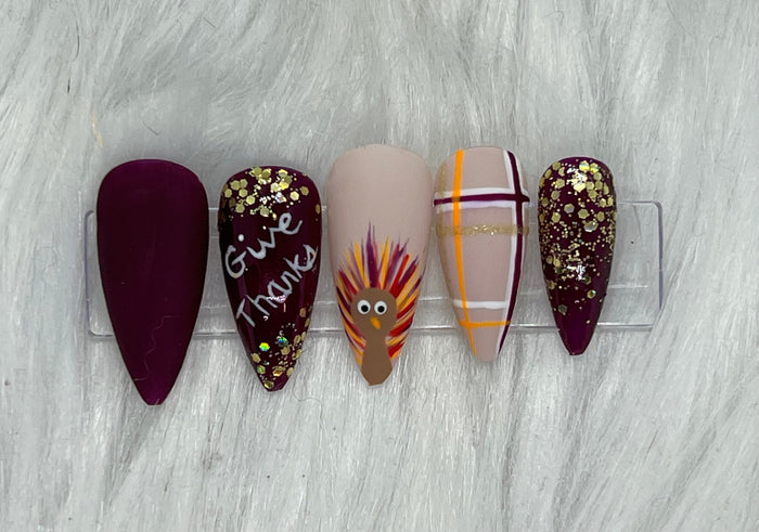 Give Thanks Thanksgiving Press On Nails With Wine, Plaid, Glitter, and Turkey Art