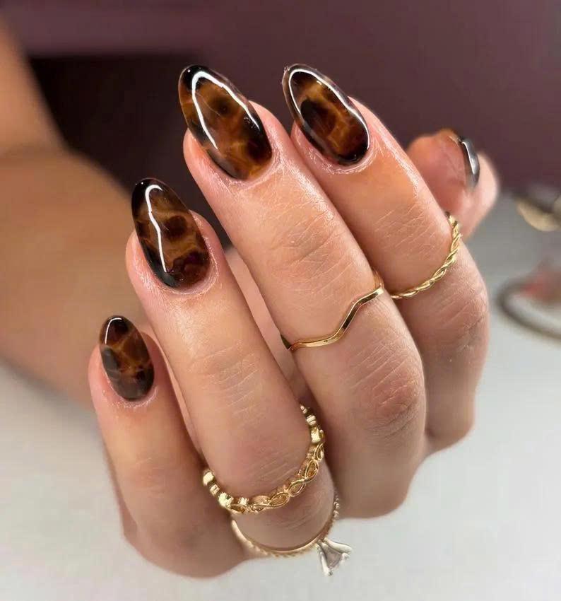 Glossy Amber Brown Tortoiseshell Fall Nail Set