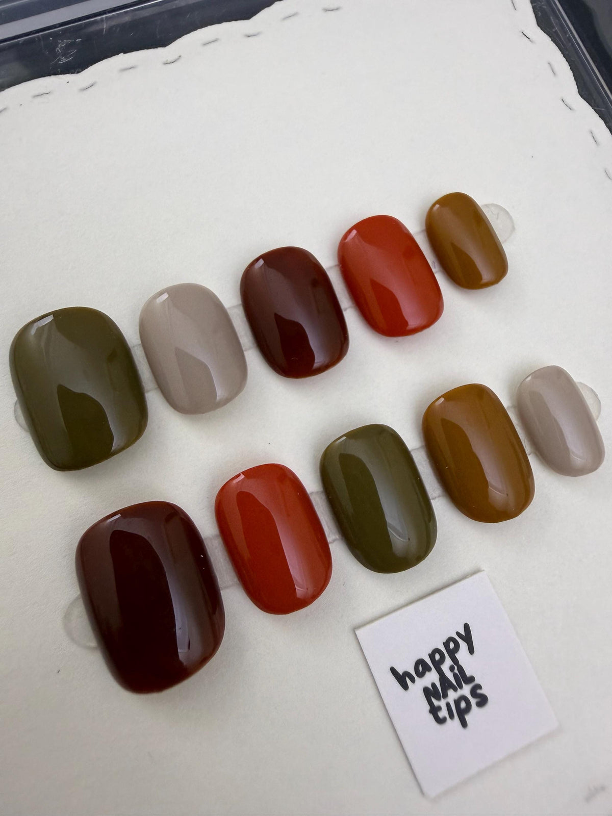 Glossy Autumn Color Press On Nails in Olive, Rust, Orange, Mustard and Cream