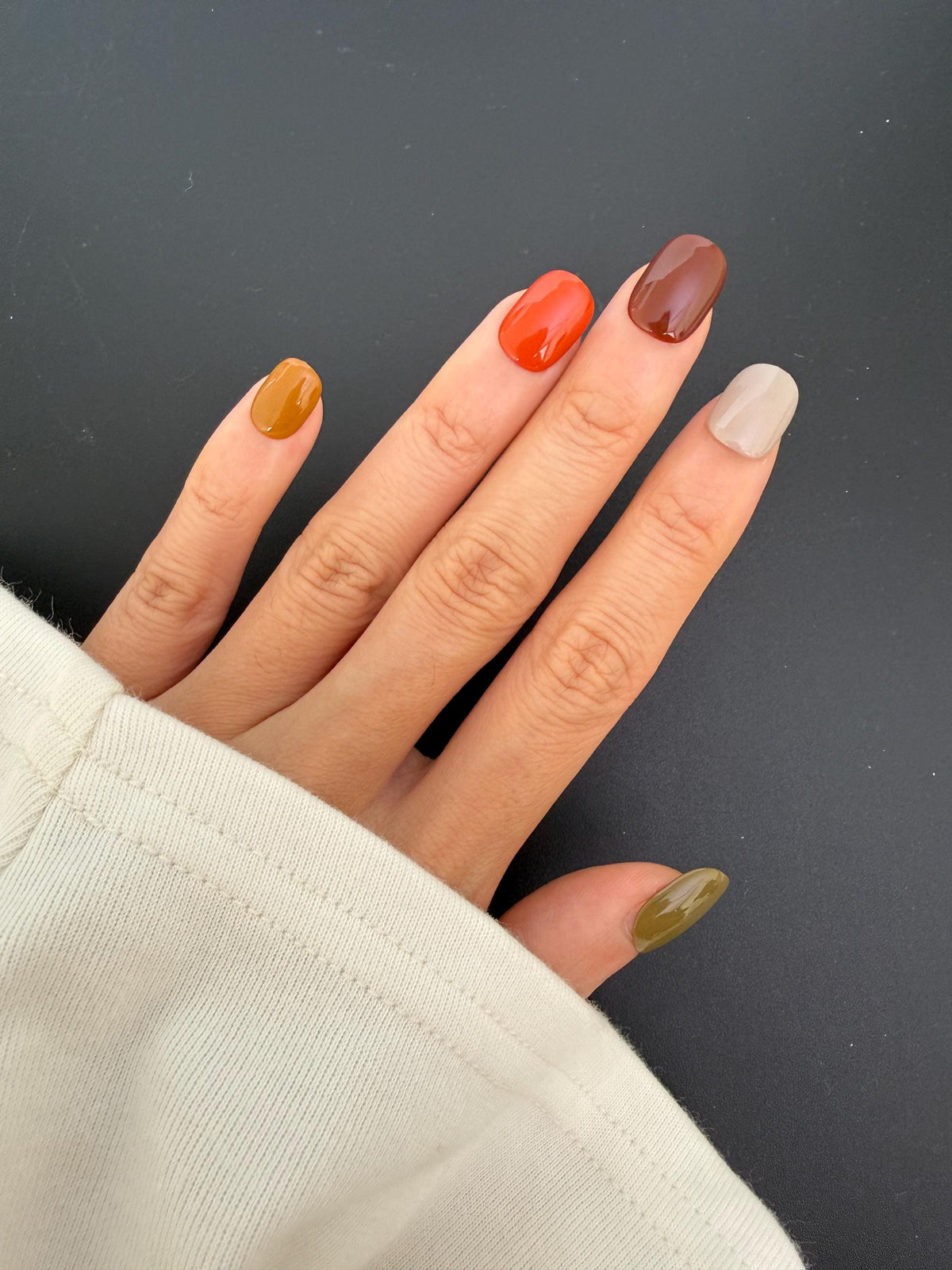 Glossy Autumn Color Press On Nails in Olive, Rust, Orange, Mustard and Cream