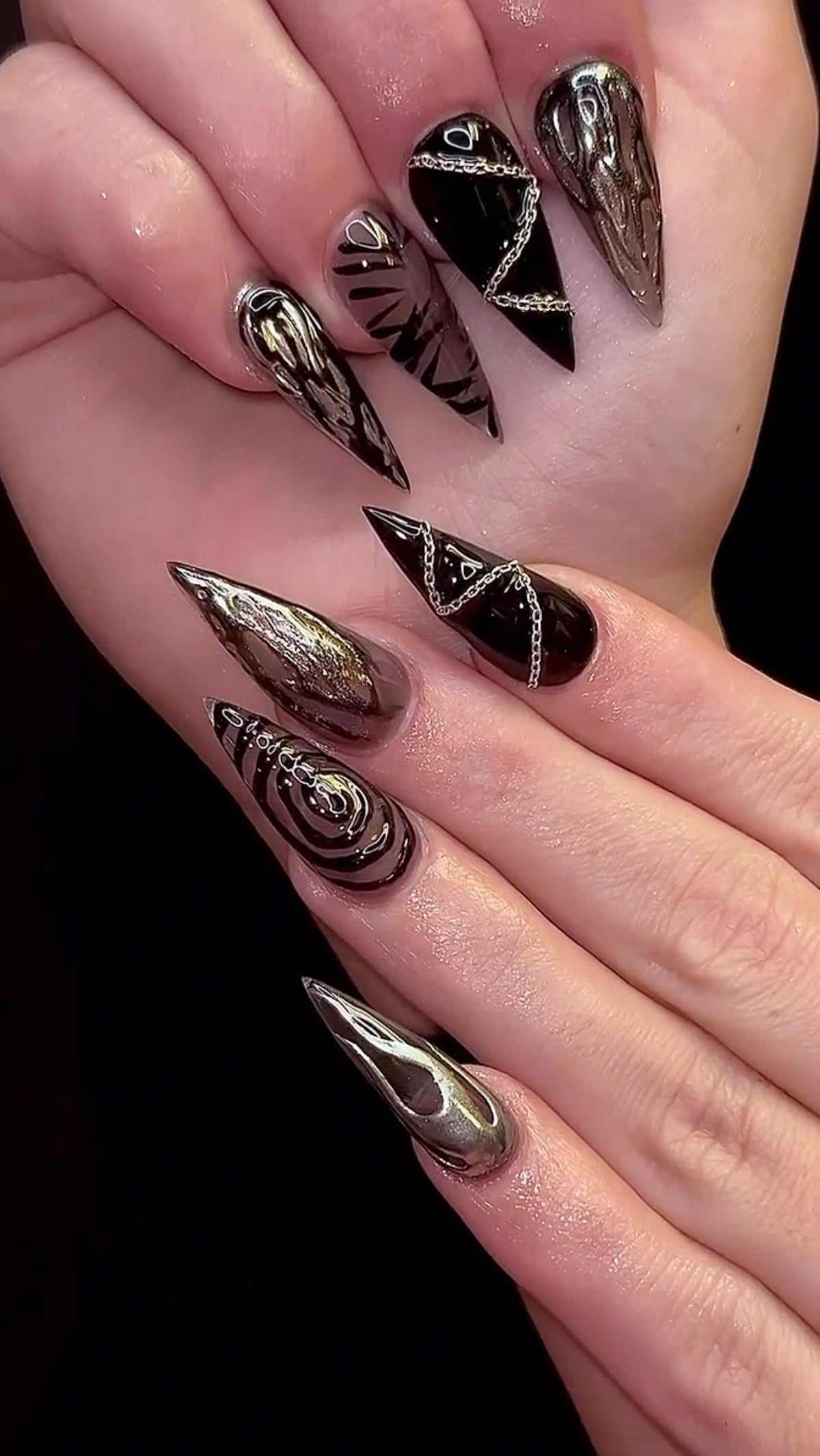 Glossy Black and Silver Gothic Swirl Press On Nail Set