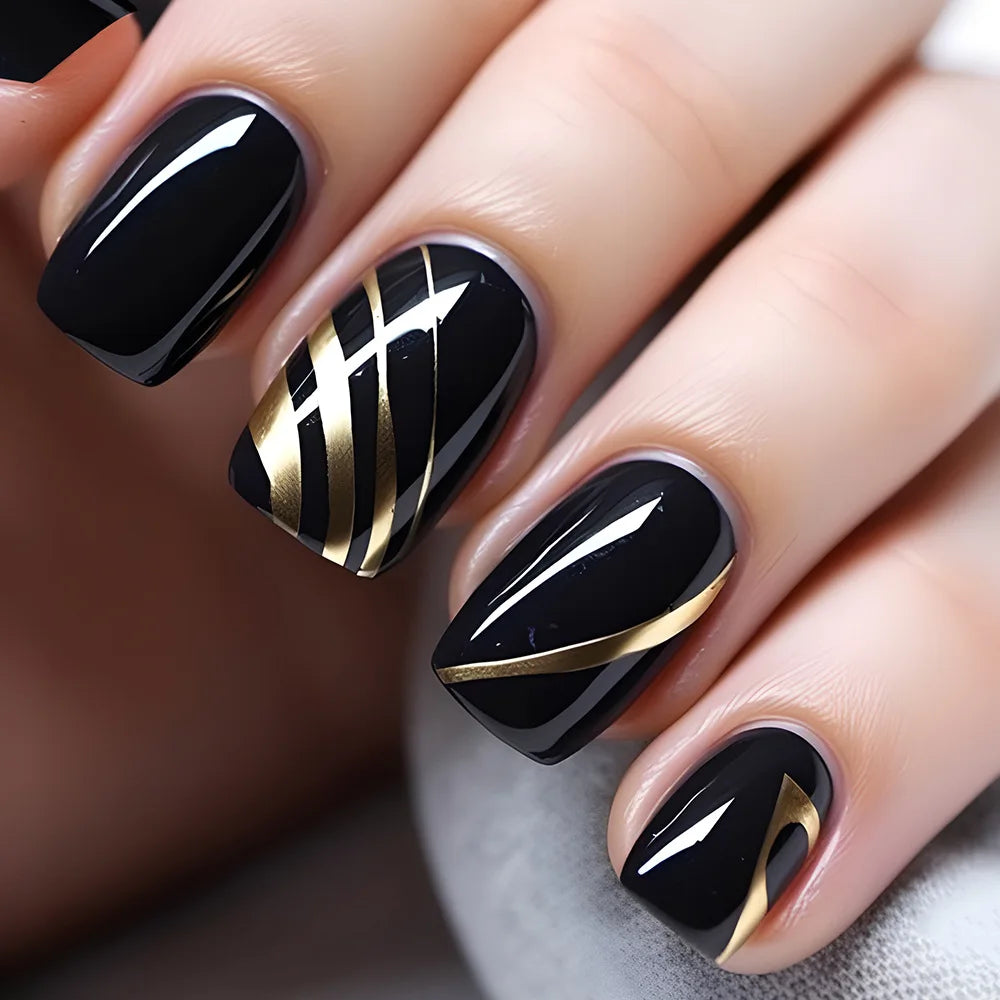Glossy Black Nails with Metallic Gold Geometric Stripes