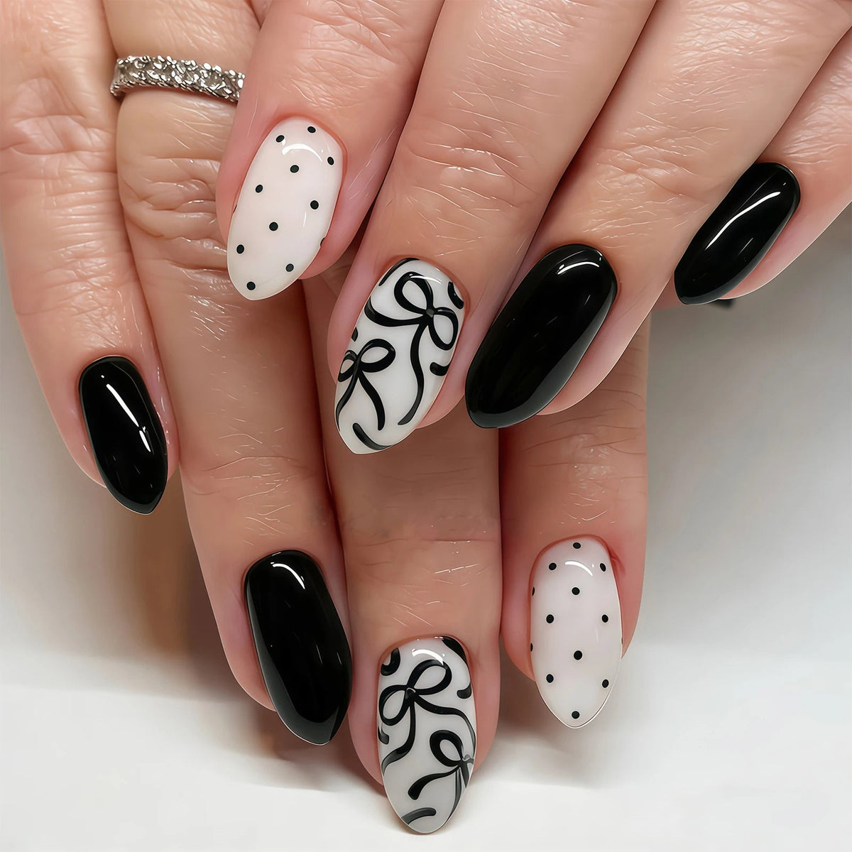 Glossy Black Press On Nails With White Bow and Polka Dot Accents