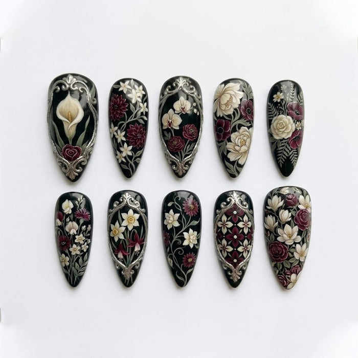 Glossy Black Vintage Floral Press-On Nails with Burgundy Roses and Silver Ornamental Details