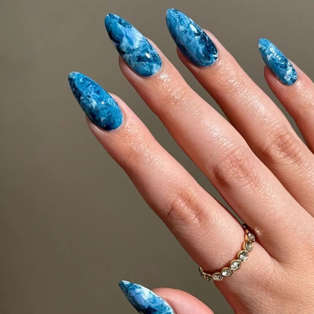 Glossy Blue and White Marble Swirl Press On Nails
