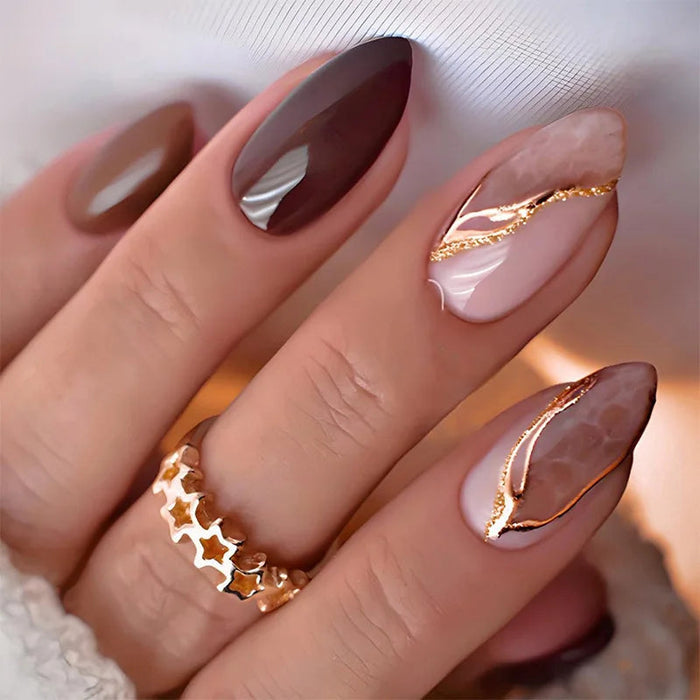 Glossy Brown and Nude Marble Press On Nails with Gold Accents