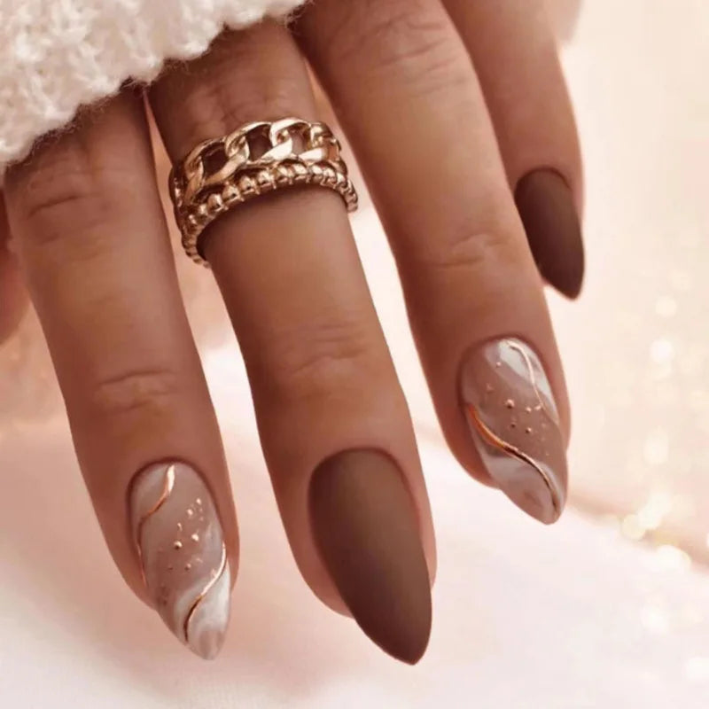 Glossy Brown and Nude Nails With Rose Gold Waves