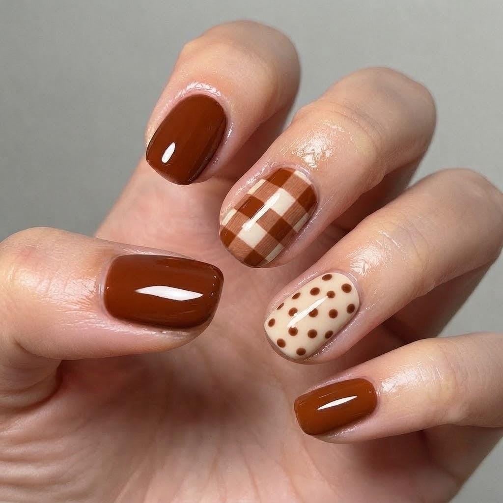 Glossy Brown Gingham and Polka Dot Press On Nails for Fall and Winter