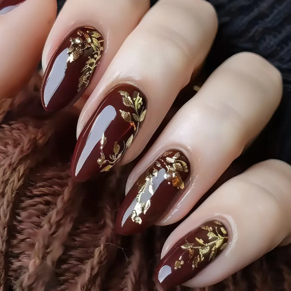 Glossy Burgundy Brown Nails with Gold Botanical Leaf Accents