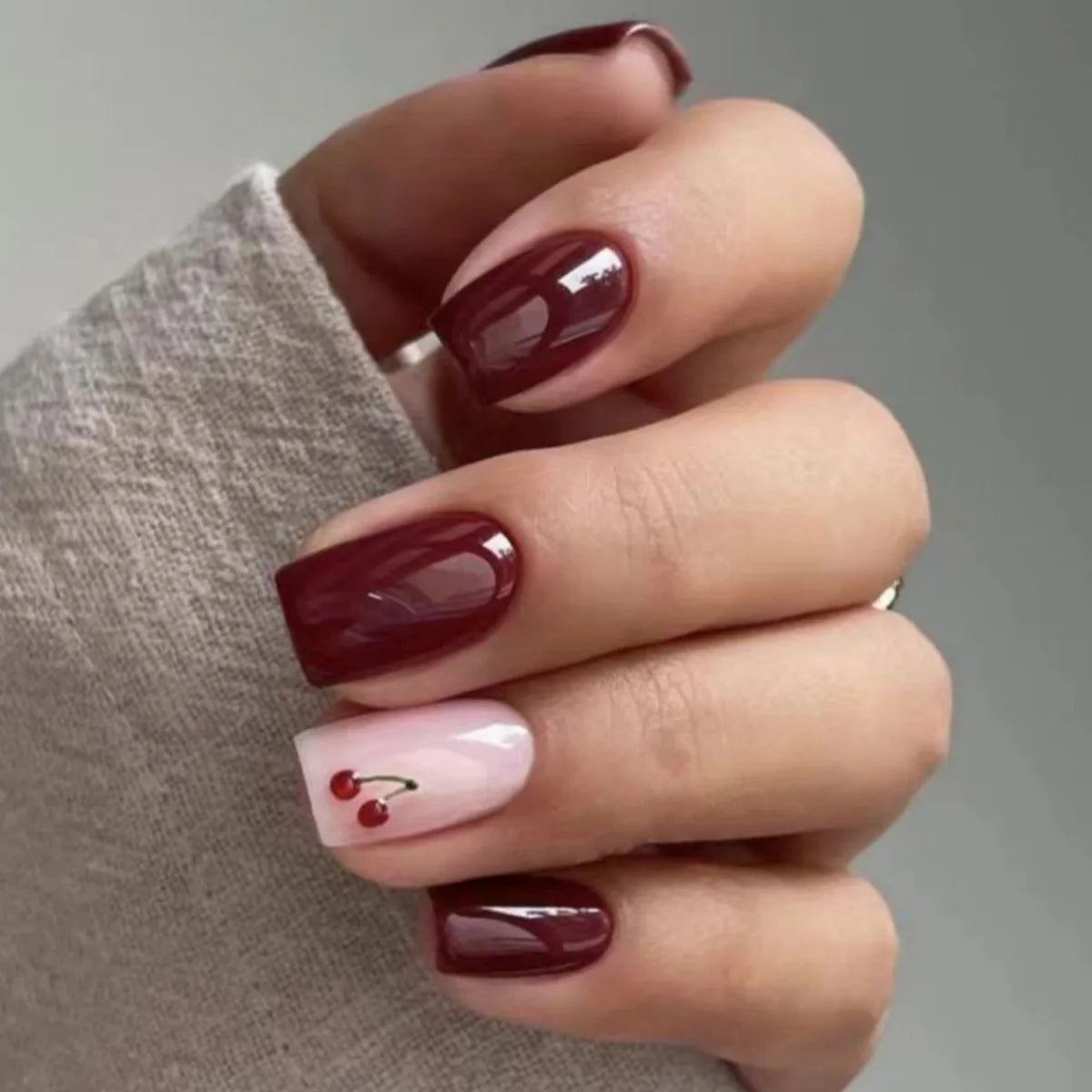 Glossy Burgundy Cherry Accent Press On Nails