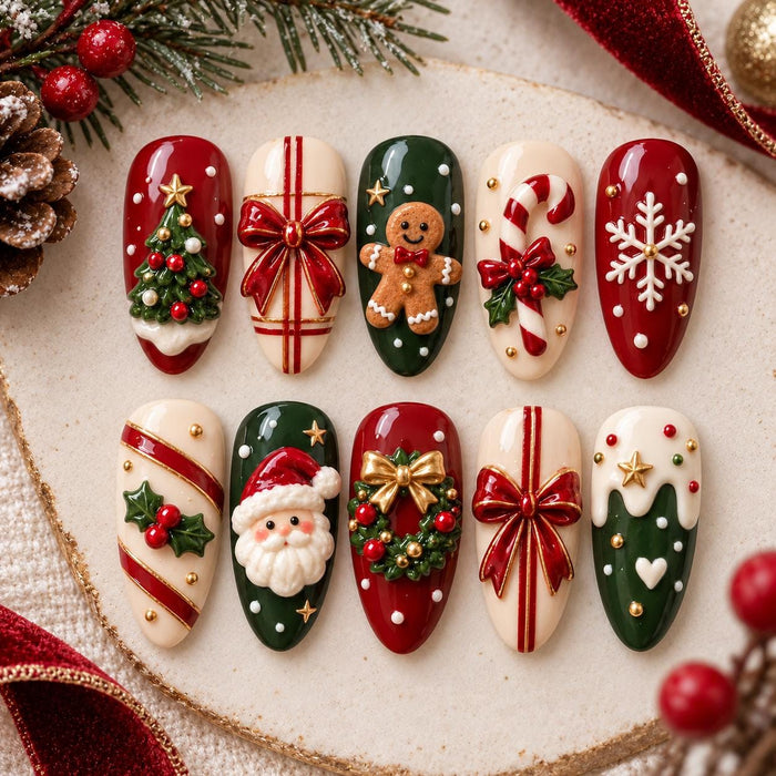 Glossy Christmas Press On Nails With Santa, Trees, Gingerbread and 3D Bows