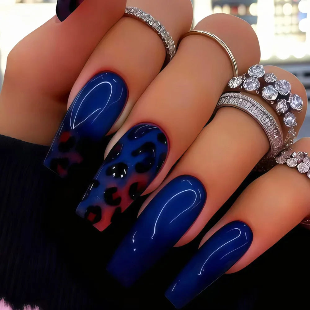 Glossy Deep Blue Nails With Multicolor Leopard Print Accent