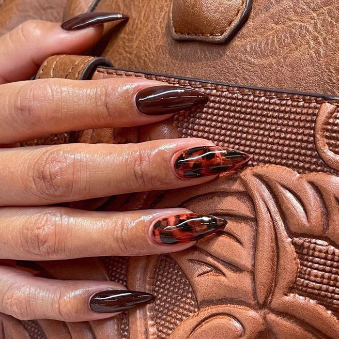 Glossy Deep Brown Press On Nails With Red-Brown and Black Marble Accents