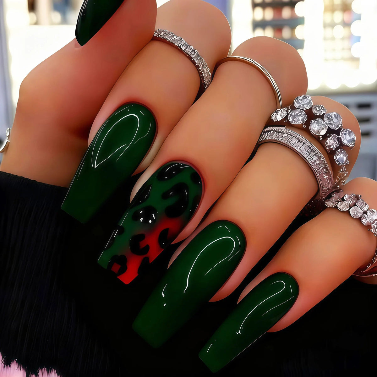 Glossy Deep Green Press-On Nails with Red and Black Leopard Flame Accent
