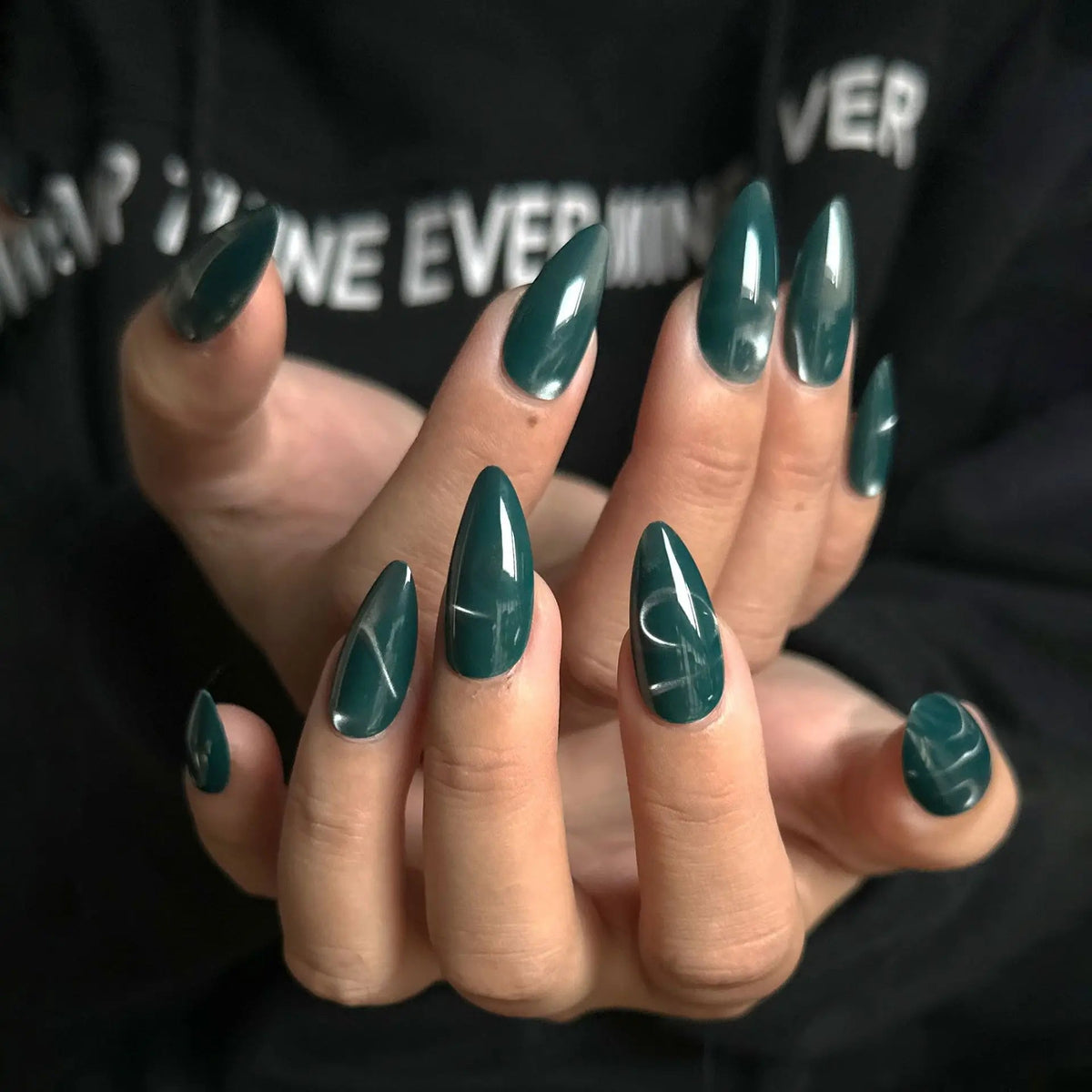 Glossy Deep Teal Press On Nails With White Line Accents
