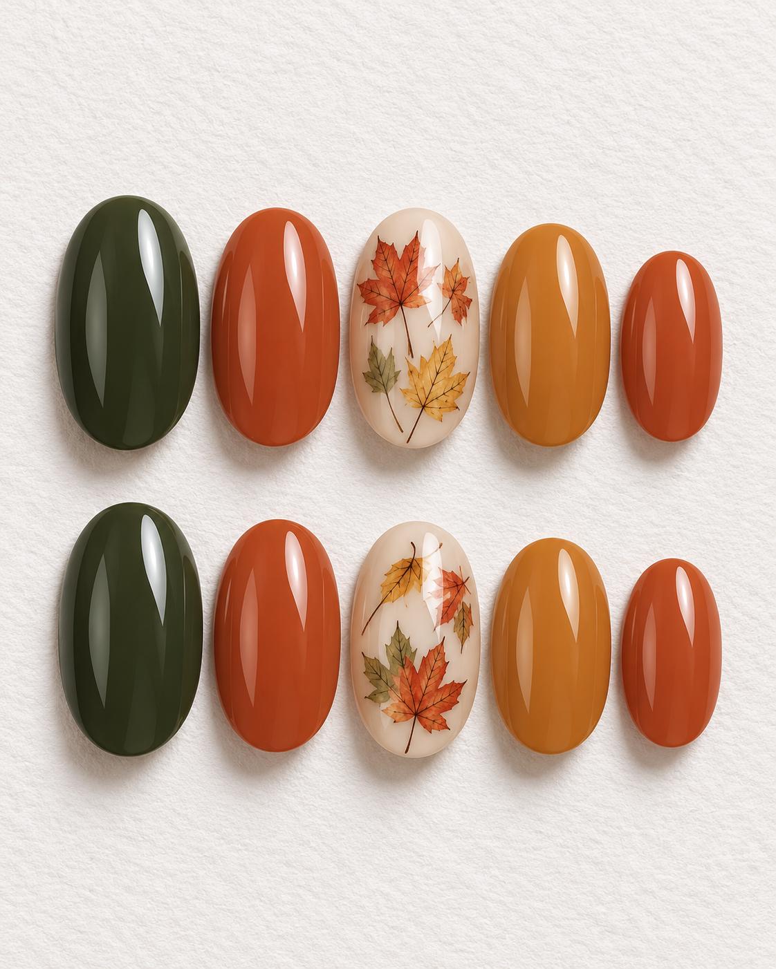 Glossy Fall Leaf Thanksgiving Press On Nails in Olive, Burnt Orange and Amber