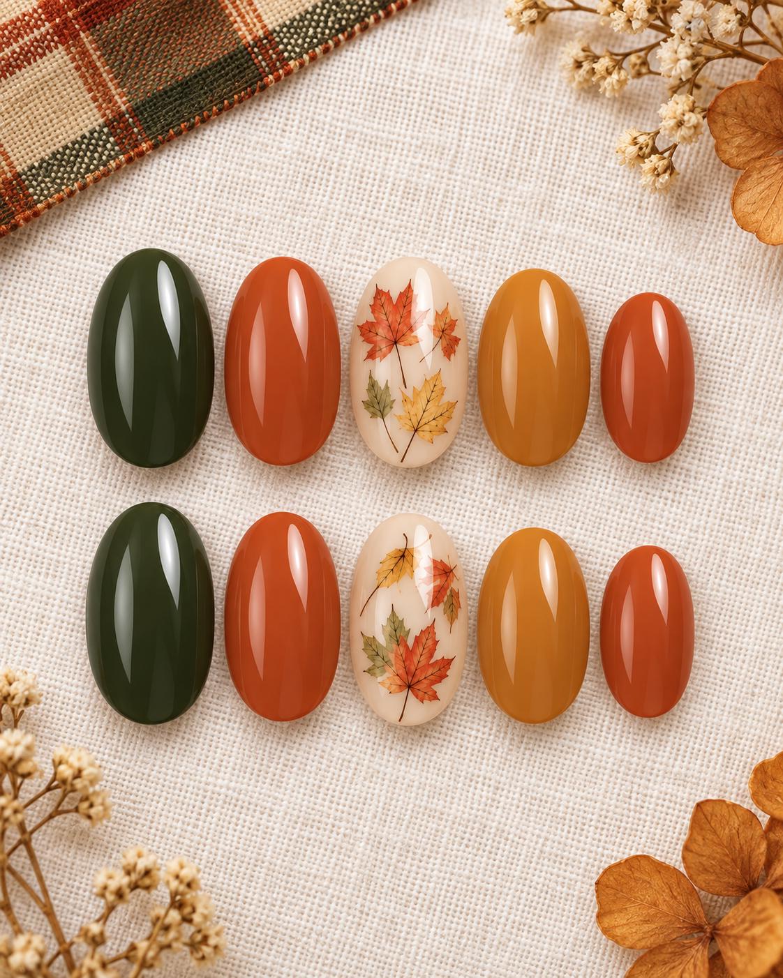 Glossy Fall Leaf Thanksgiving Press On Nails in Olive, Burnt Orange and Amber