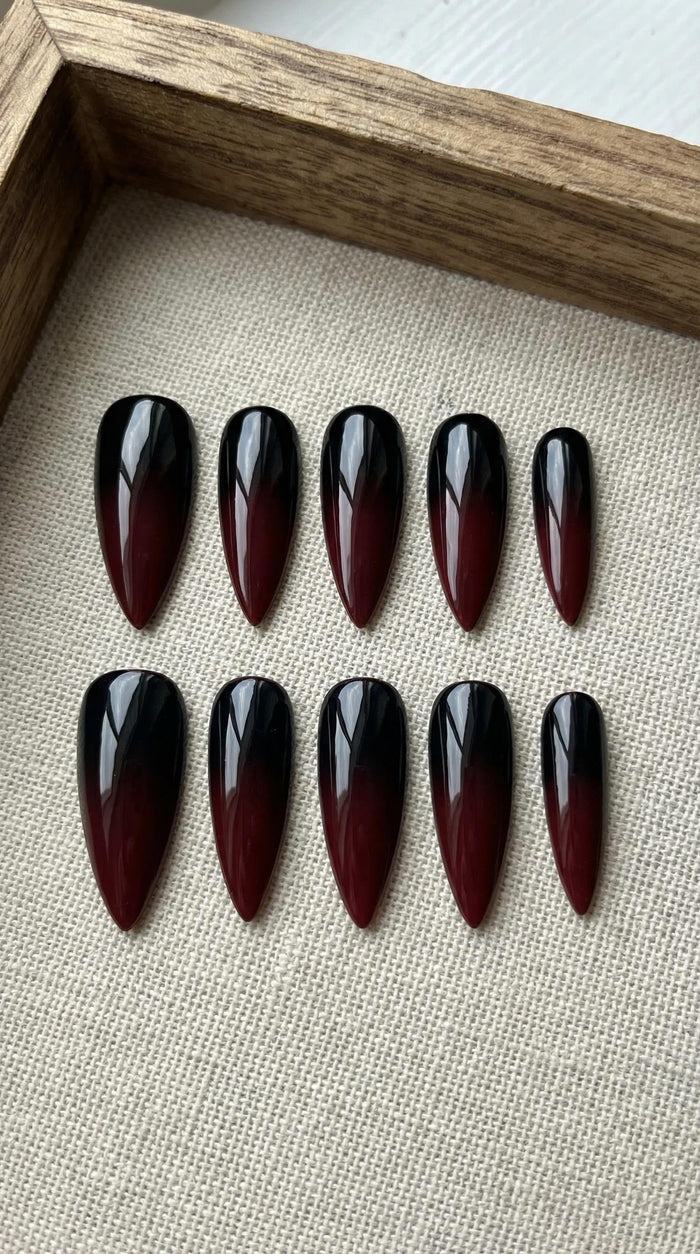 Glossy Gothic Black to Burgundy Red Ombre Press On Nails