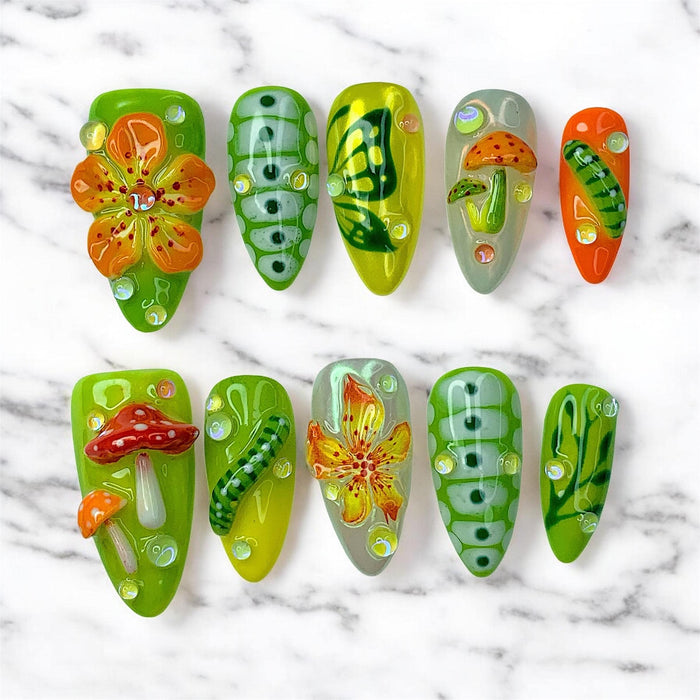 Glossy Green Fairycore Garden Press On Nails With 3D Mushrooms and Flowers