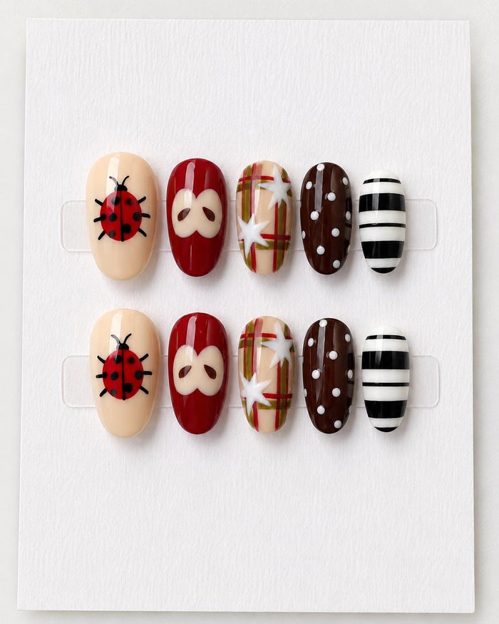 Glossy Ladybug and Apple-Inspired Plaid Press-On Nails