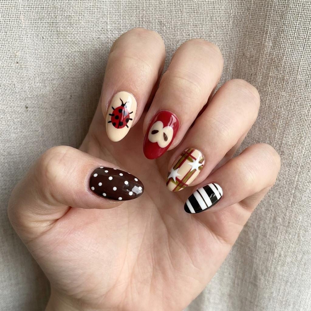Glossy Ladybug and Apple-Inspired Plaid Press-On Nails
