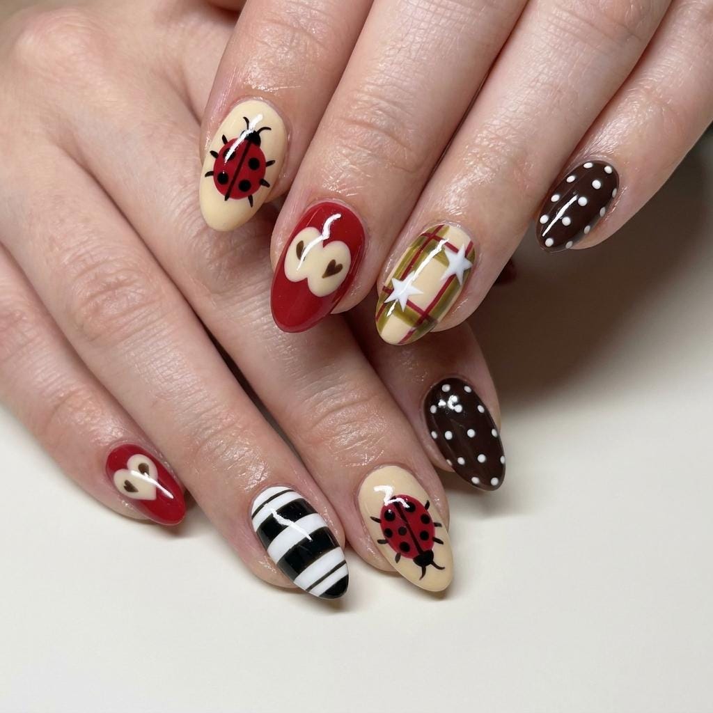 Glossy Ladybug and Apple-Inspired Plaid Press-On Nails