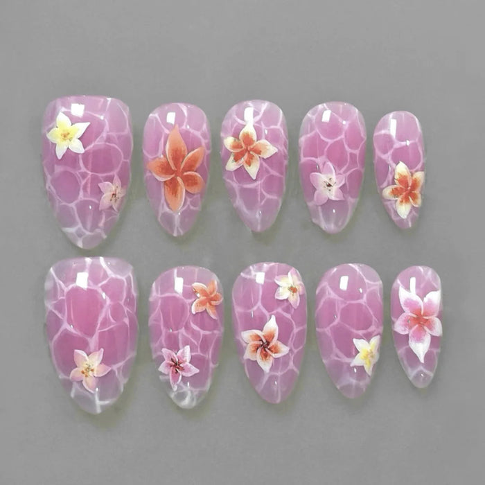 Glossy Lilac Plumeria Press On Nails With Pale Web Pattern