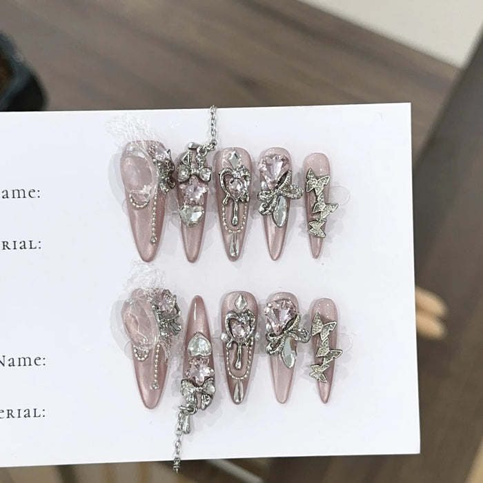 Glossy Mauve Pink Press-On Nails with Silver Chains and Rhinestone Charms